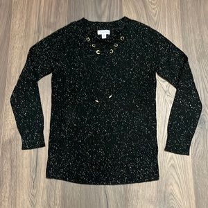 NEW - Calvin Klein sweater - black w white specs and gold hardware at neckline
